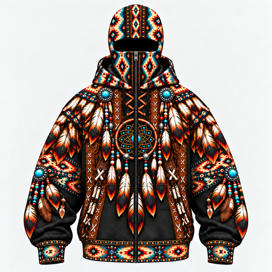 3D Balaclava Zip Hoodie Native American Dreamcatcher Feather Turquoise Leather Tribal Heritage Southwestern Geometric Pattern