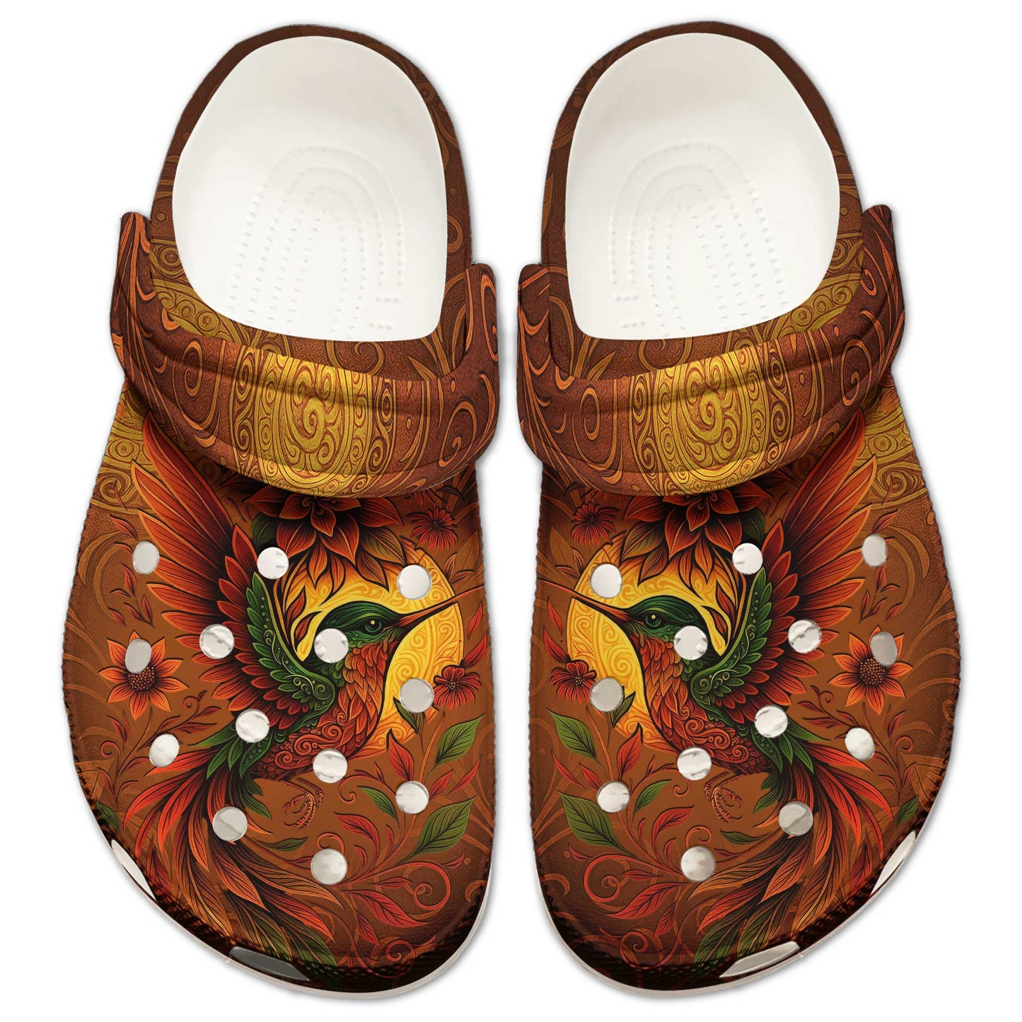 Clogs – Vibrant Bird, Sunflower Bloom & Autumn Swirl Details in Warm Tones