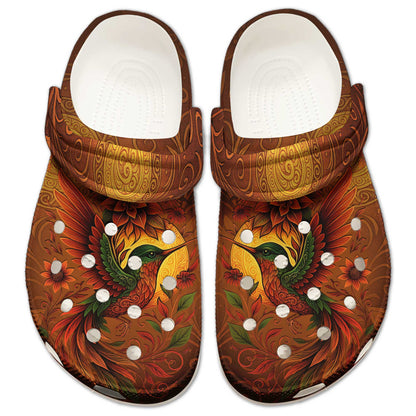 Clogs – Vibrant Bird, Sunflower Bloom & Autumn Swirl Details in Warm Tones