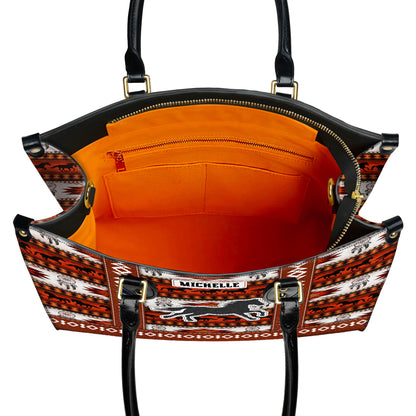 Personalized Leather Handbag for Women - Design Patterns Boho Rustic Orange & White Spirit Horse