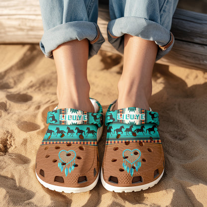 Custom Name Clogs – Tribal Green, Galloping Horses & Dreamcatcher Motif
