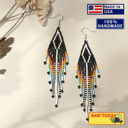 Black Multi-Color Hook Pattern Beaded Handmade Earrings For Women