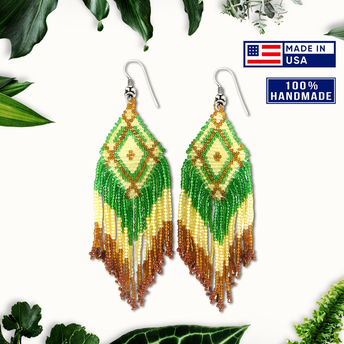 Green Seed Bead Pattern Beaded Handmade Earrings For Women