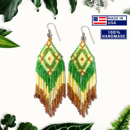 Green Seed Bead Pattern Beaded Handmade Earrings For Women