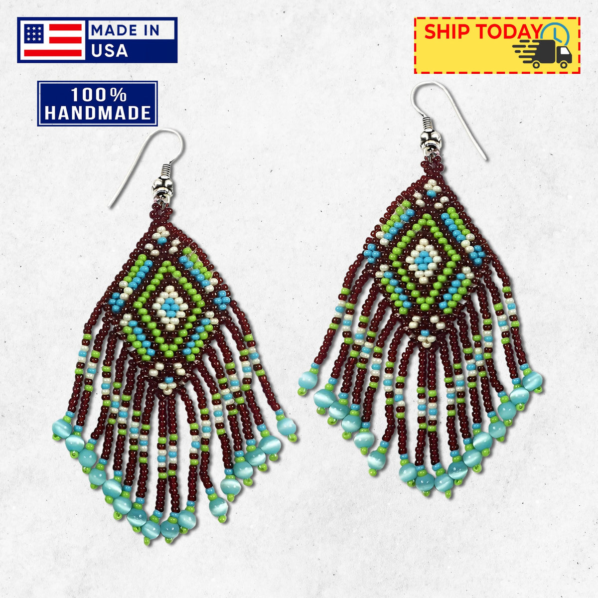 Brown Seed Bead  Pattern Beaded Handmade Earrings For Women