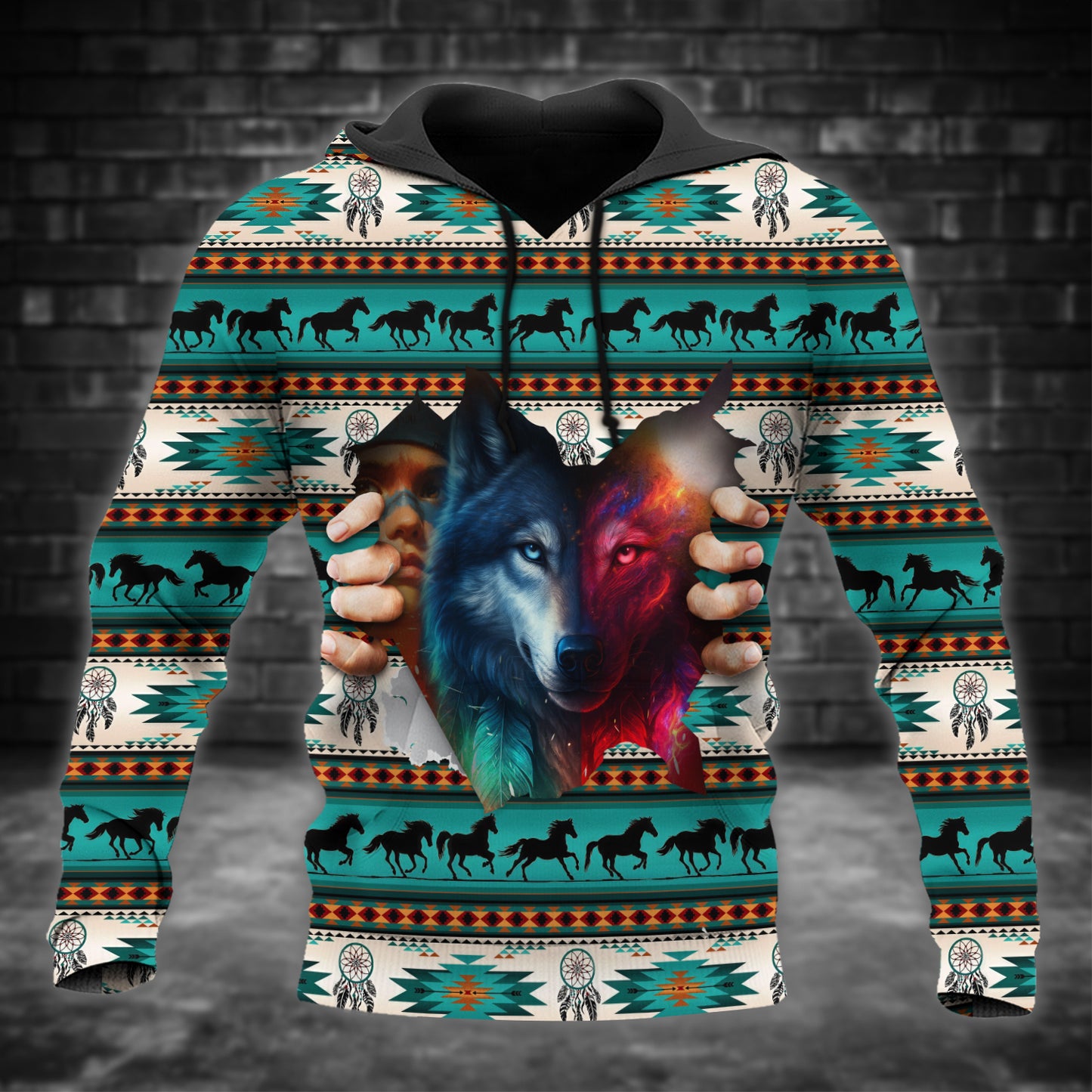 Spiritual Wolves Hoodie – Tribal Horse & Dreamcatcher Print