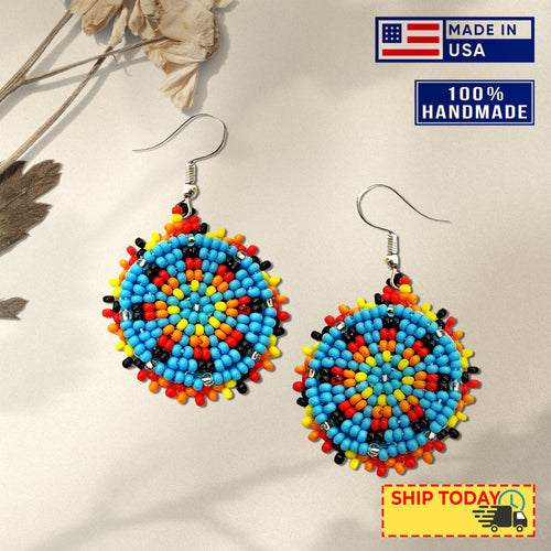 Cute Round Turquoise Blue Beaded Handmade Earrings For Women