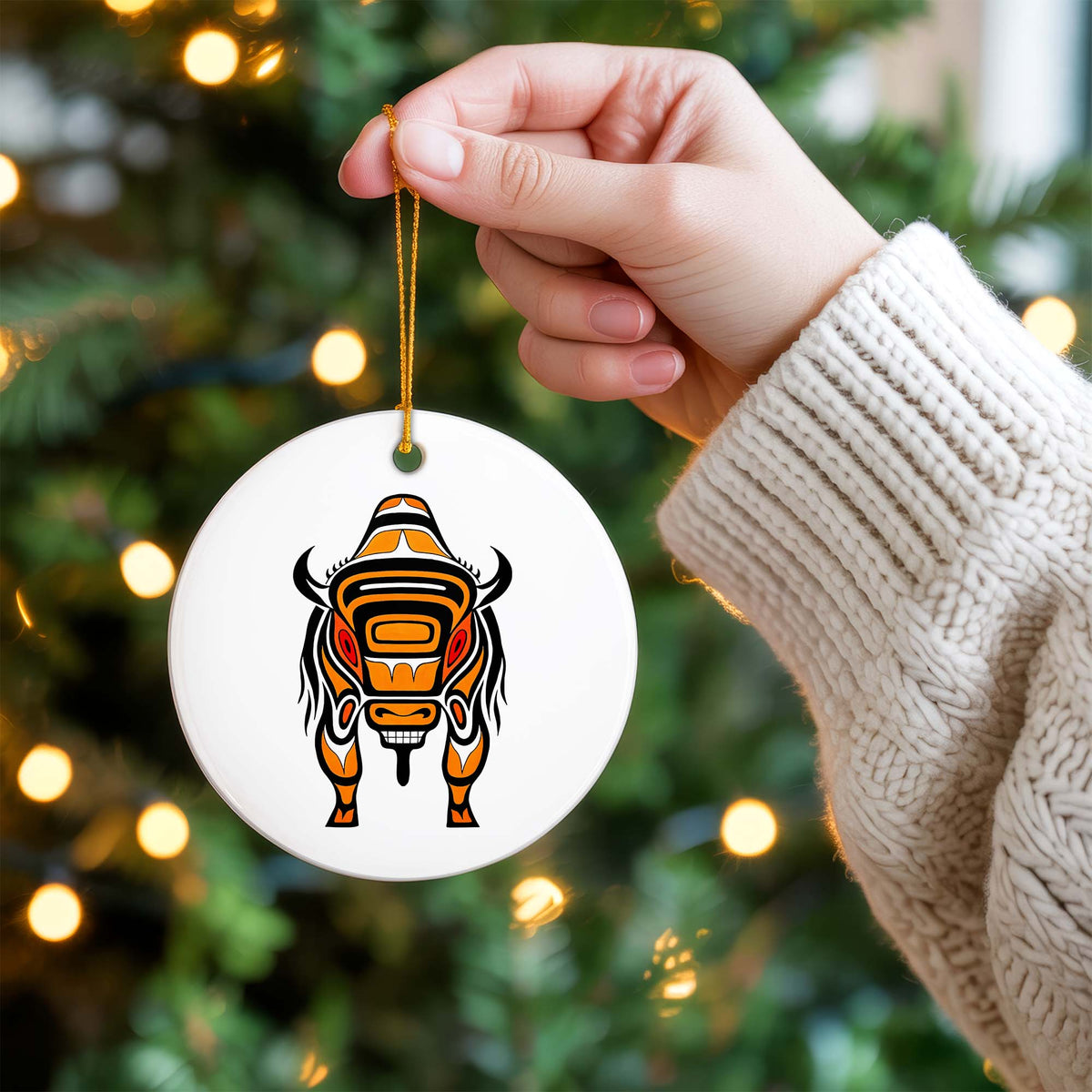 Native Bison Spirit Ceramic Ornament - Indigenous Tribal Art for Holiday Decor