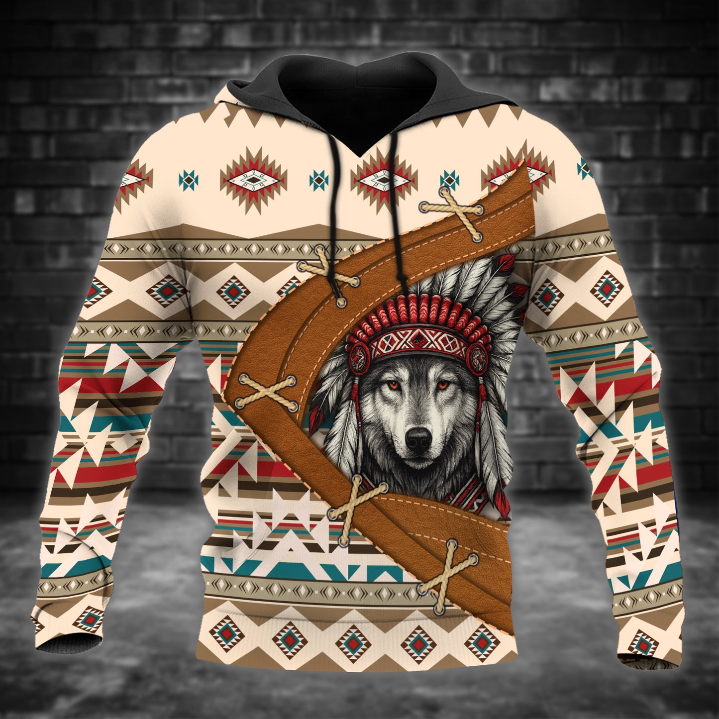 Aztec Tribal Hoodie – Geometric Print in Beige & Teal