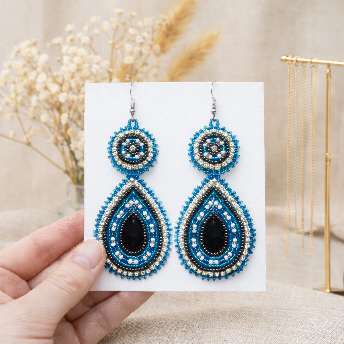 Handmade Beaded Teardrop Czech Blue Gray Earrings