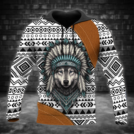Native Wolf Hoodie – Tribal Pattern & Chief Headdress Design
