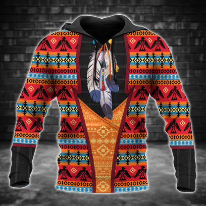 Tribal Feather Hoodie – Bold Red & Geometric Patterns