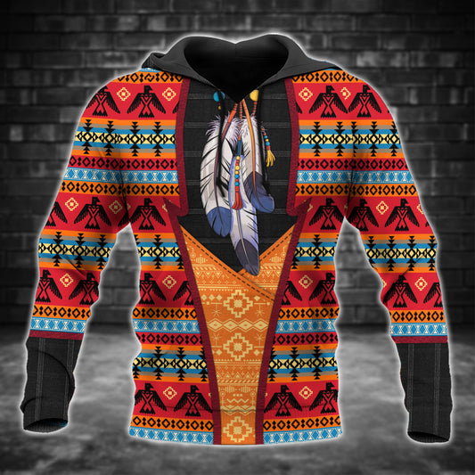 Tribal Feather Hoodie – Bold Red & Geometric Patterns