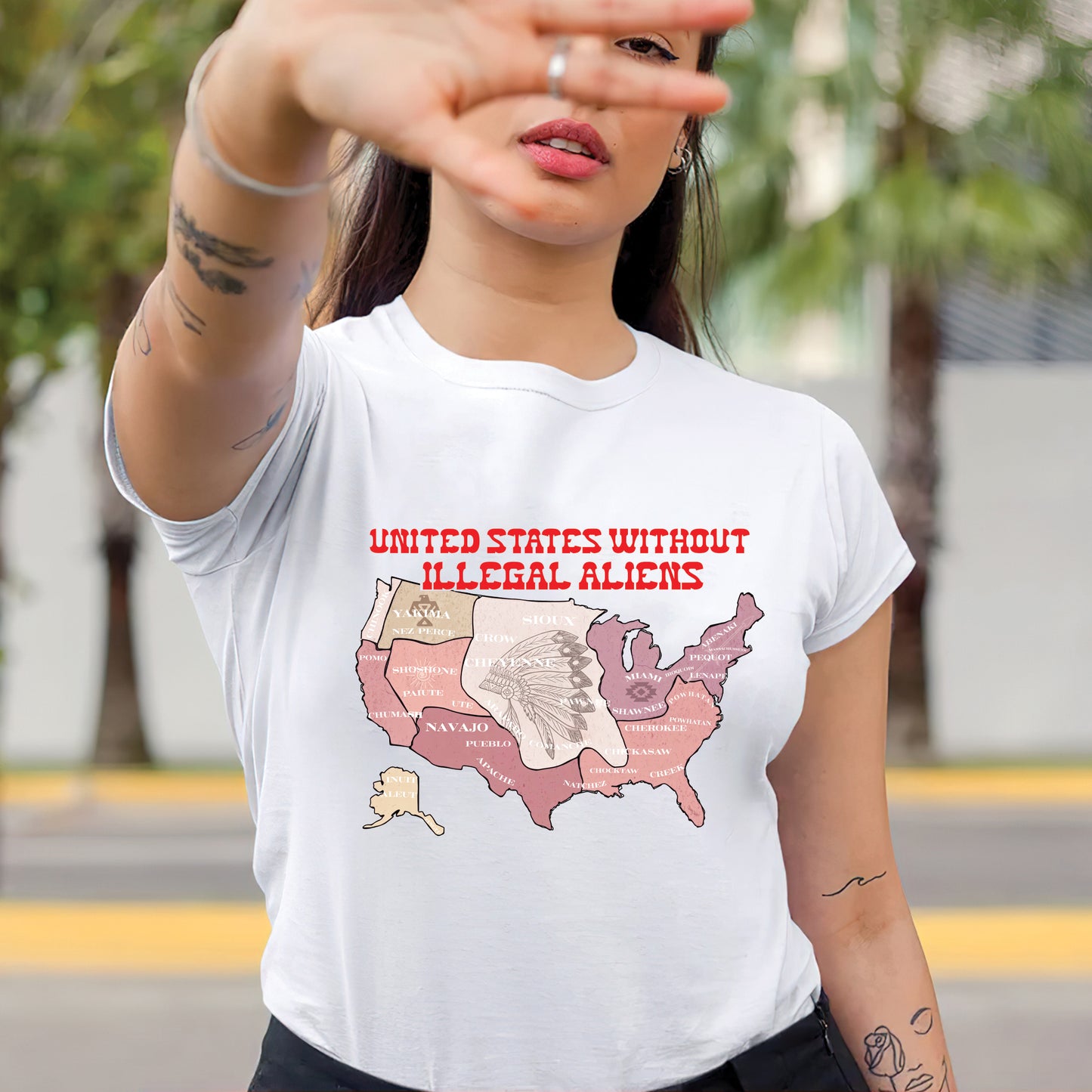 United States Without Illegal Aliens - Unisex T-shirt/T-shirt V-Neck/Hoodie/Sweatshirt - NO ONE IS ILLEGAL ON STOLEN LAND
