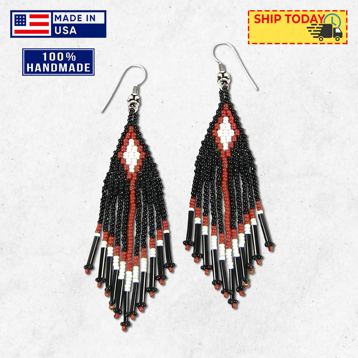 Black Seed Bead Pattern Beaded Handmade Earrings For Women
