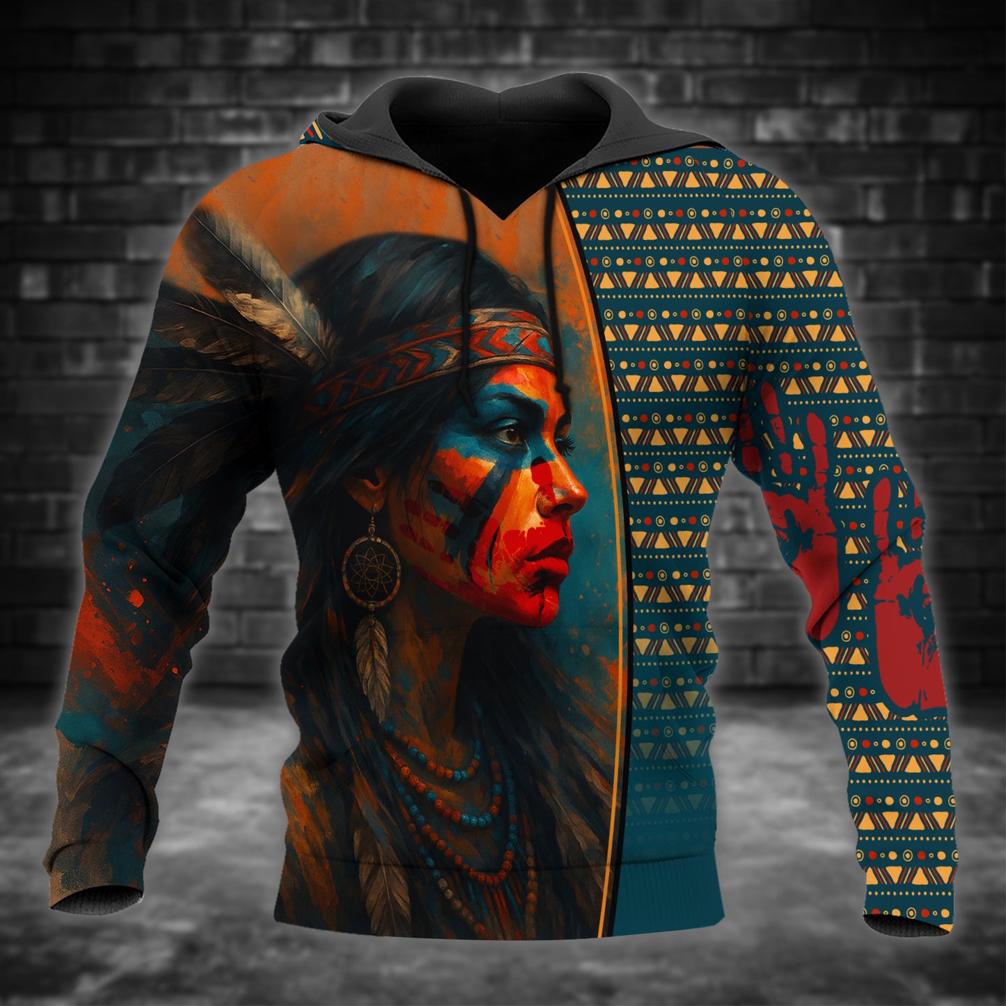 Tribal Feather Hoodie – Bold Red & Geometric Patterns & MMIW