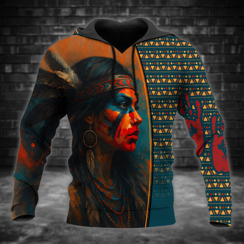 Tribal Feather Hoodie – Bold Red & Geometric Patterns & MMIW