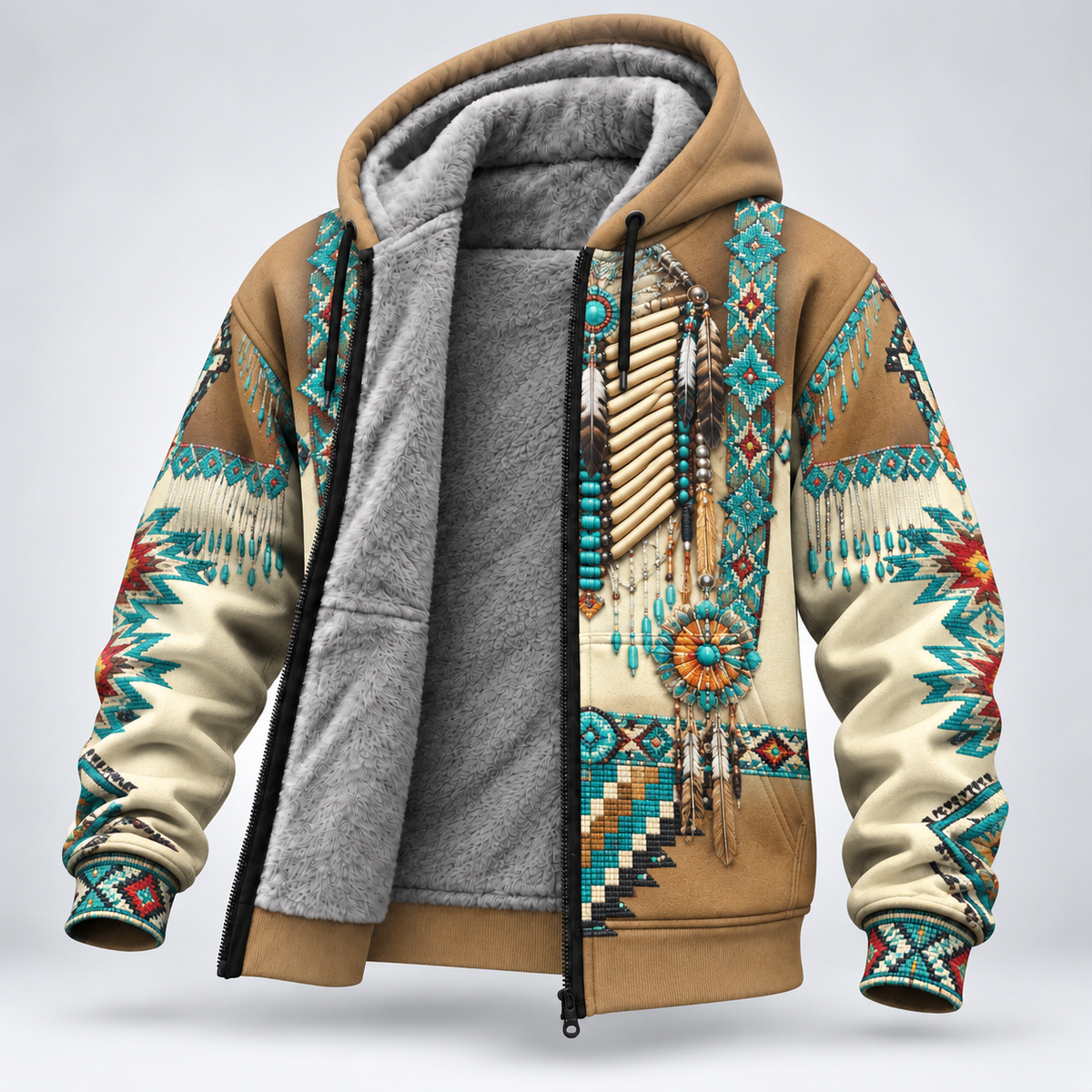3D Fleece Jacket Tribal Beaded Headdress Hoodie – Turquoise & Feather Pattern
