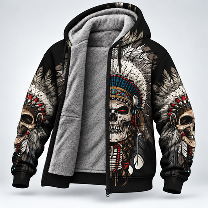 3D Fleece Jacket Warrior Skull Hoodie – Tribal Chief Headdress Edition