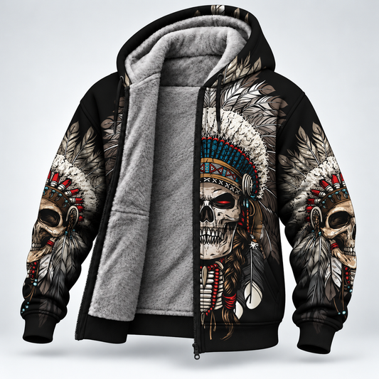 3D Fleece Jacket Warrior Skull Hoodie – Tribal Chief Headdress Edition