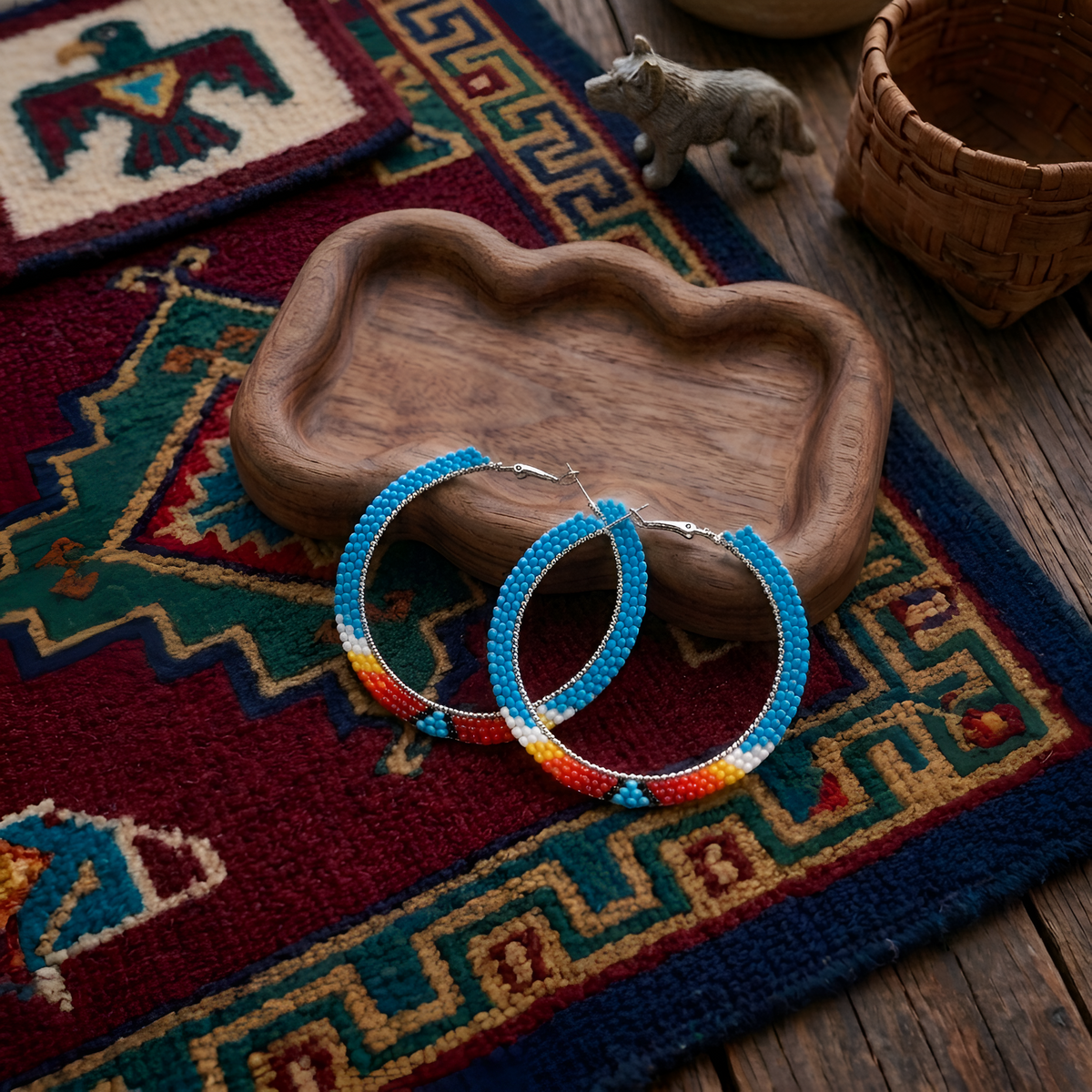Handmade Beaded Hoop, Colorful Seed Bead Statement Earrings