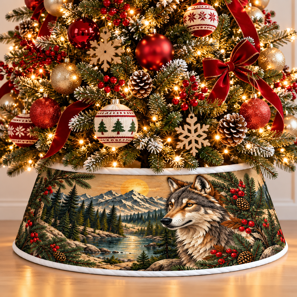 Quilted Christmas Tree Collar - Native American Wolf Spirit Moonlit Winter Forest Snowy Mountain Tribal Wildlife Southwestern Christmas Decor