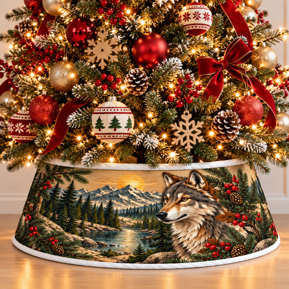 Quilted Christmas Tree Collar - Native American Wolf Spirit Moonlit Winter Forest Snowy Mountain Tribal Wildlife Southwestern Christmas Decor