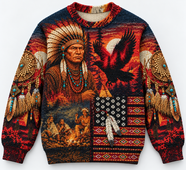 3D Knitted Sweater Echoes of the Ancestors – The Chief Spirit Honoring Native Roots