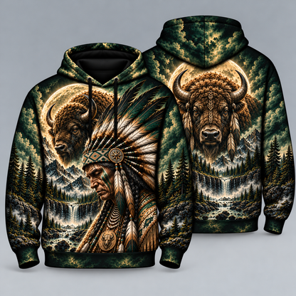 Native American Buffalo Skull Turquoise Tribal Aztec Western Boho Leather Feather Graphic Hoodie