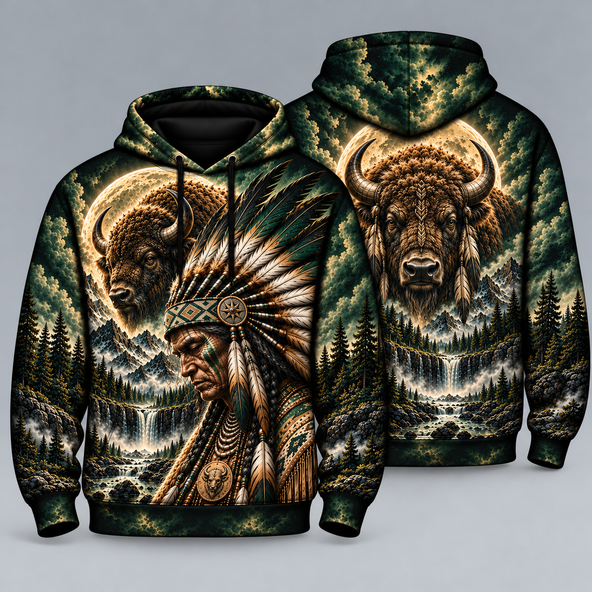 3D Hoodie Warriors of the Wild Spirit Native American Chief Ancient Power Tribal Legacy