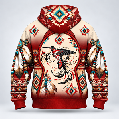 3D Fleece Jacket Native American Hummingbird Hoodie, Southwestern Tribal Eagle Feather Graphic