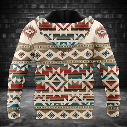 Aztec Tribal Hoodie – Geometric Print in Beige & Teal