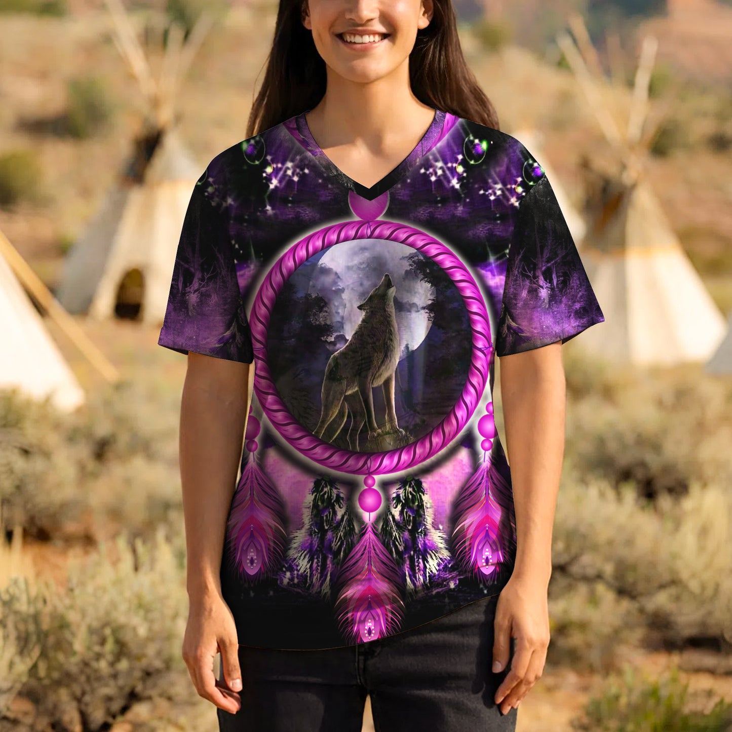 3D T-Shirt " Wolf Dreamcatcher – Purple Tribal Moon Howl Design"
