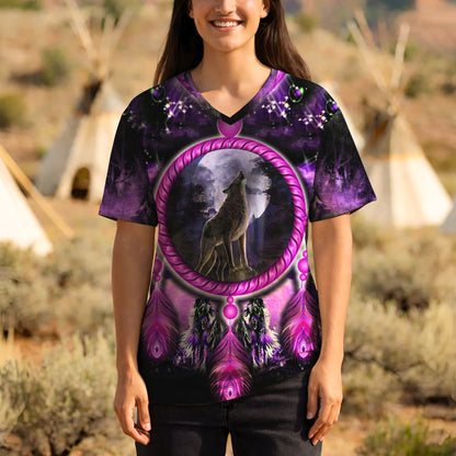 3D T-Shirt " Wolf Dreamcatcher – Purple Tribal Moon Howl Design"