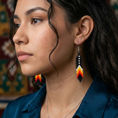 Handmade Beaded Feather, Colorful Seed Bead Dangle Earrings