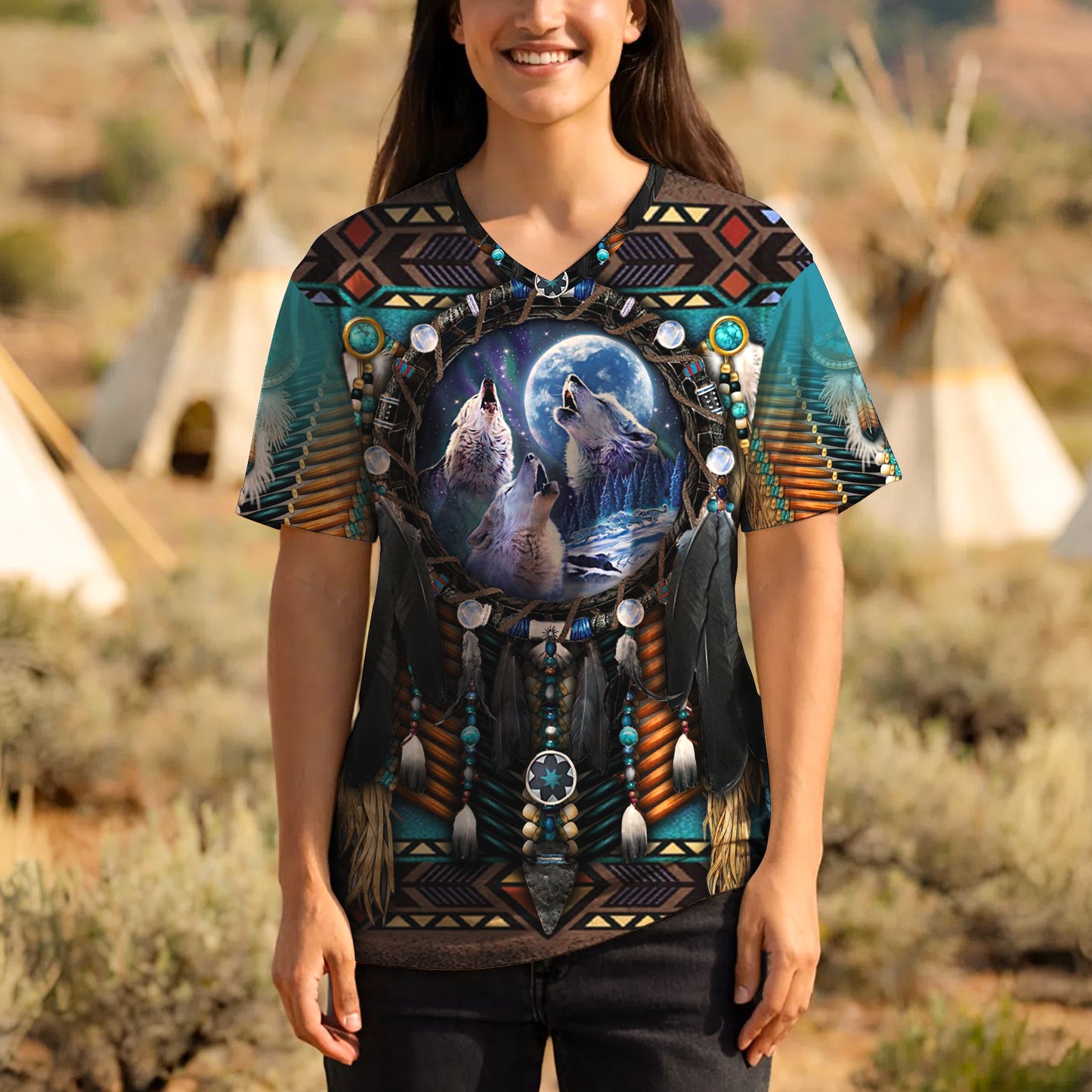 3D T-Shirt  "Native American Wolf Moon – Tribal Dreamcatcher Spirit"