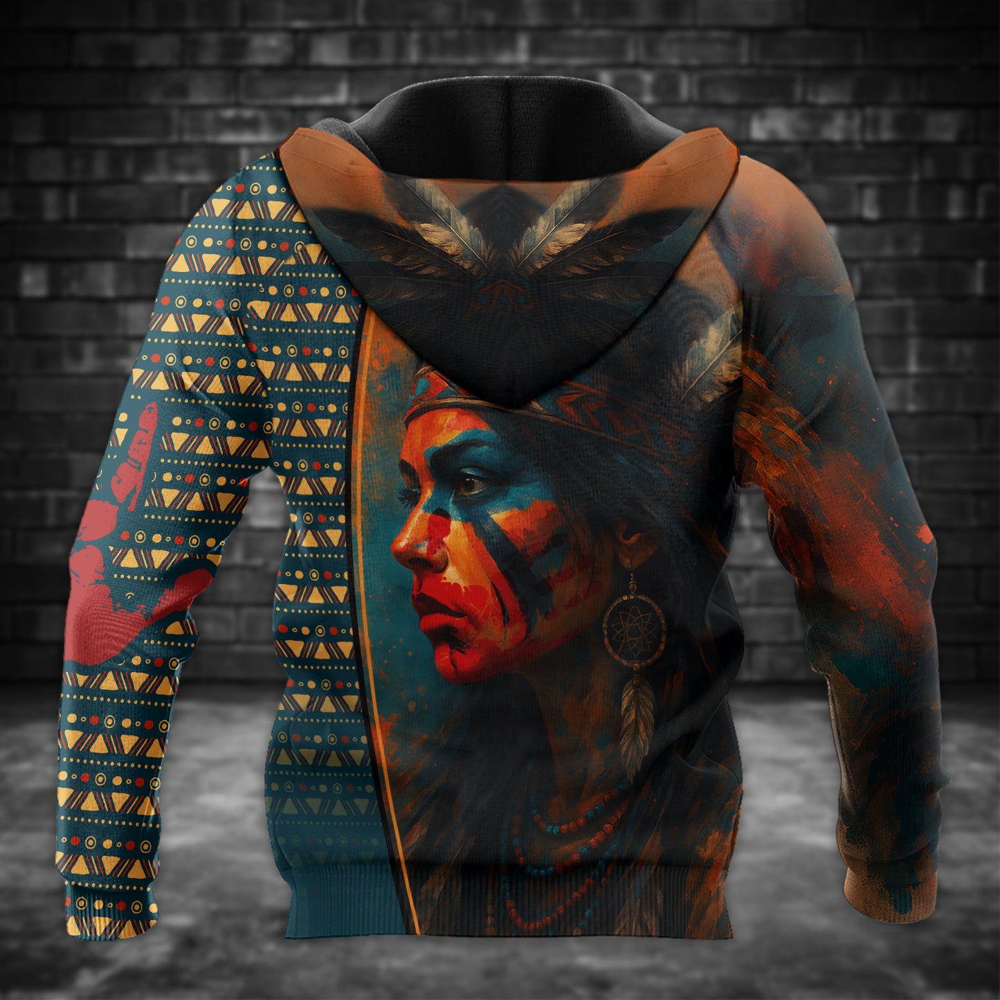 Tribal Feather Hoodie – Bold Red & Geometric Patterns & MMIW