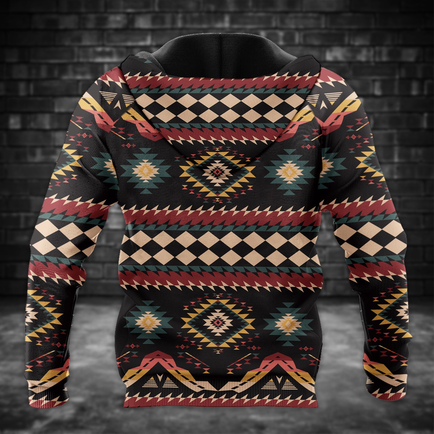 Tribal Feather Hoodie – Bold Red & Geometric Patterns
