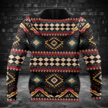 Tribal Feather Hoodie – Bold Red & Geometric Patterns
