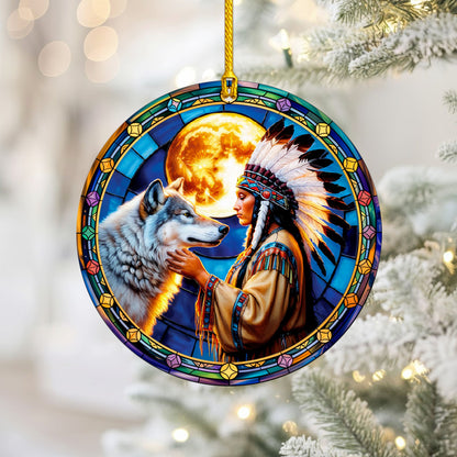 Native American Woman and Wolf Full Moon Christmas Tree Decor Flat Acrylic