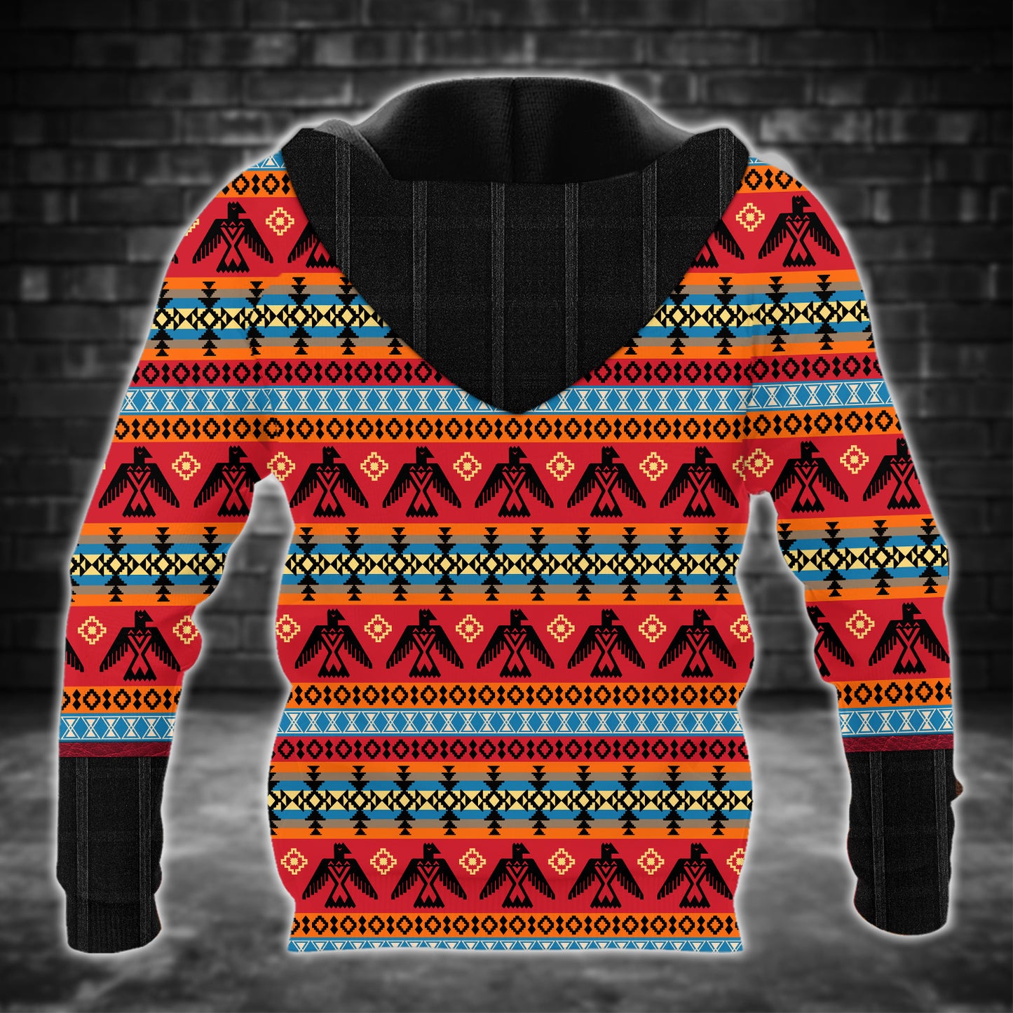 Tribal Feather Hoodie – Bold Red & Geometric Patterns