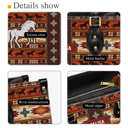 Personalized Leather Handbag for Women - Design Patterns Boho Rustic Orange Spirit Horse
