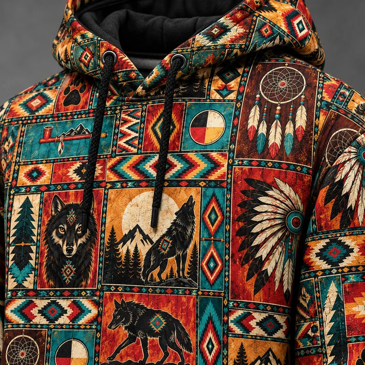3D Hoodie Native American Inspired Wolf Hoodie Southwestern Heritage Patchwork Pullover Hoodie