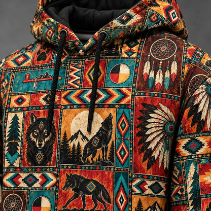 3D Hoodie Native American Inspired Wolf Hoodie Southwestern Heritage Patchwork Pullover Hoodie