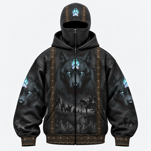 3D Balaclava Zip Hoodie Tribal Wolf Guardian Hoodie – 3D Native Spirit Artwork, Blue Eyes Wolf Totem