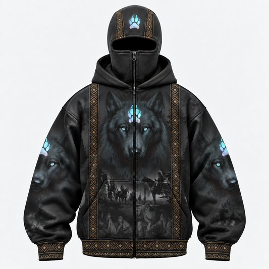 3D Balaclava Zip Hoodie Tribal Wolf Guardian Hoodie – 3D Native Spirit Artwork, Blue Eyes Wolf Totem