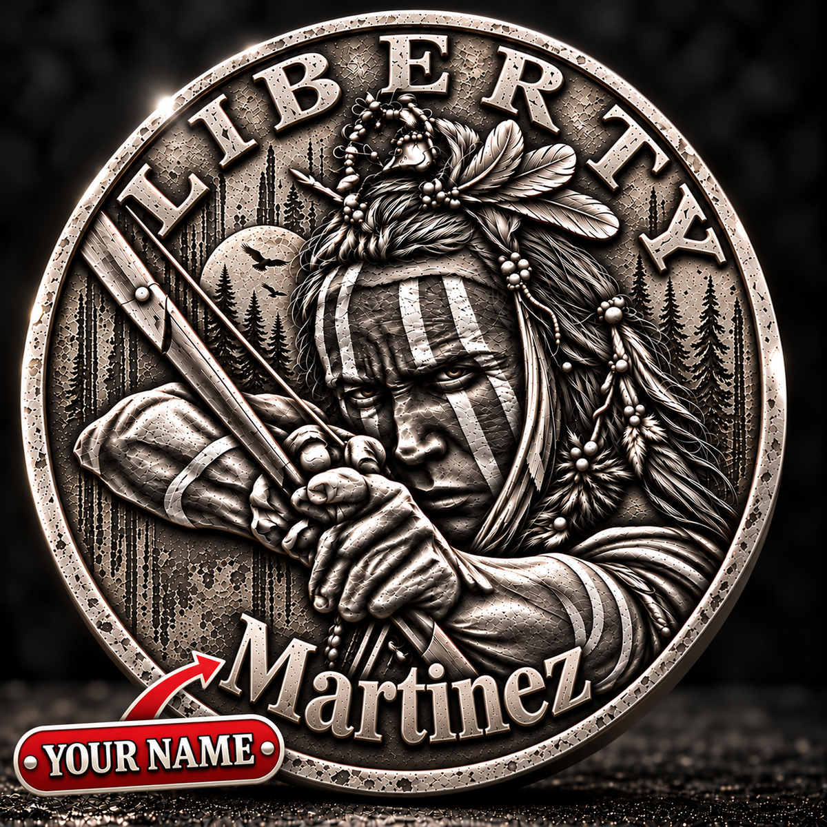 Liberty Freedom Coin Indigenous-Inspired Warrior Medallion, Custom Name & Year Keepsake - Personalized 3D Printing Pocket Hug