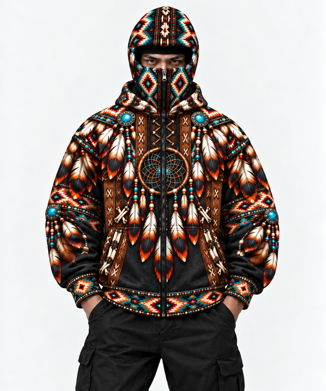 3D Balaclava Zip Hoodie Native American Dreamcatcher Feather Turquoise Leather Tribal Heritage Southwestern Geometric Pattern