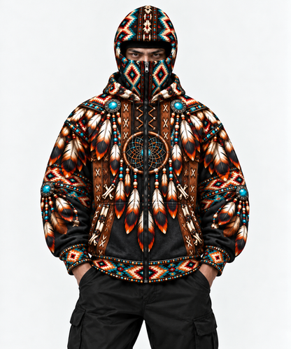 3D Balaclava Zip Hoodie Native American Dreamcatcher Feather Turquoise Leather Tribal Heritage Southwestern Geometric Pattern