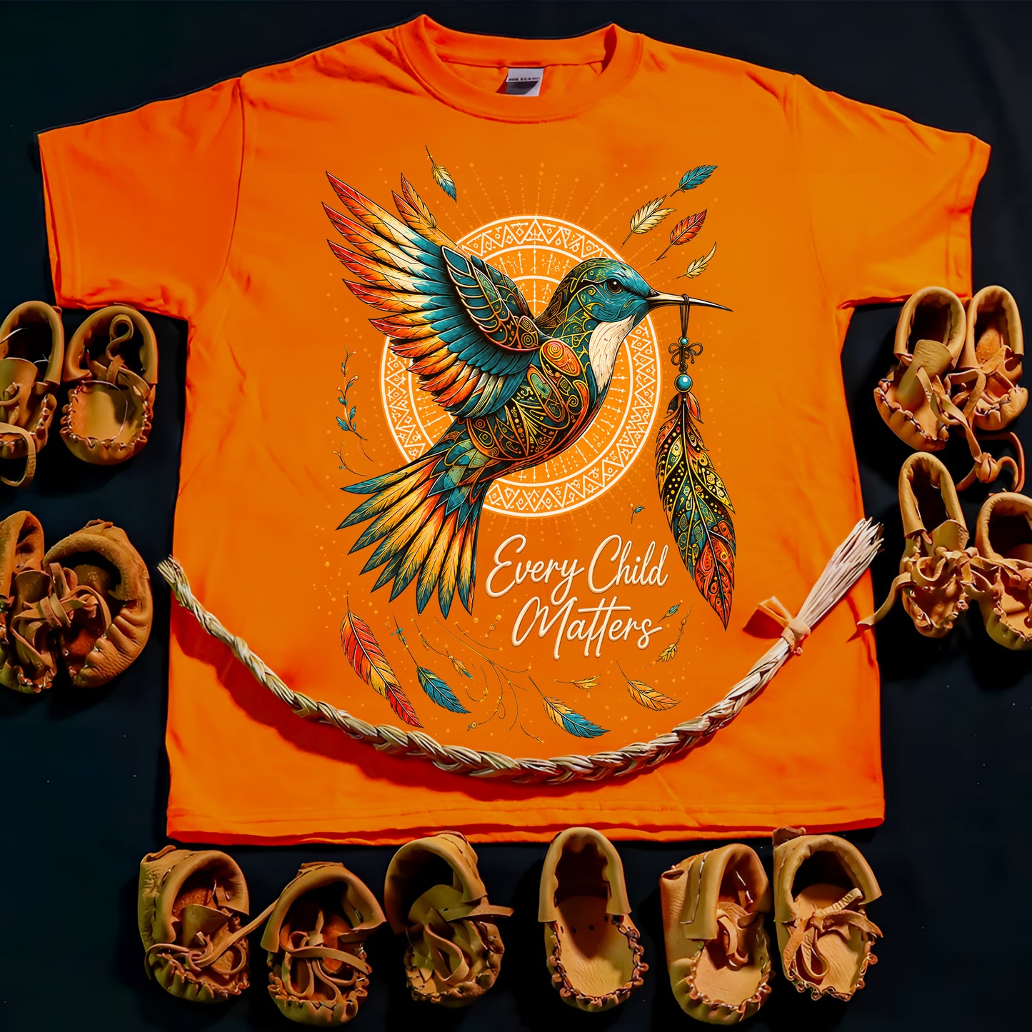 Every Child Matters Orange Hummingbird Feather Shirt, Indigenous Awareness Tee - Two Sides